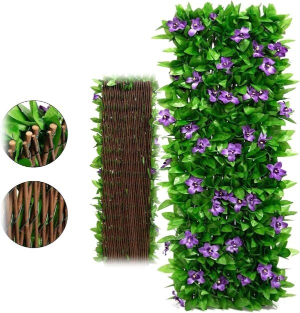 Greenery Backdrop Wall Faux Ivy Leaf Privacy Screen Greenery Backdrop,Expanding Garden Trellis Panels,3PCS Retractable Artificial Ivy Violet Flower Fence Screening, Backyard Balcony Garden Decor (Col