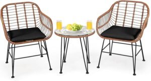 HAPPYGRILL 3 Piece Patio Bistro Set PE Rattan Wicker Armchairs and Coffee Table Set with Cushions for Garden Backyard Balcony Poolside
