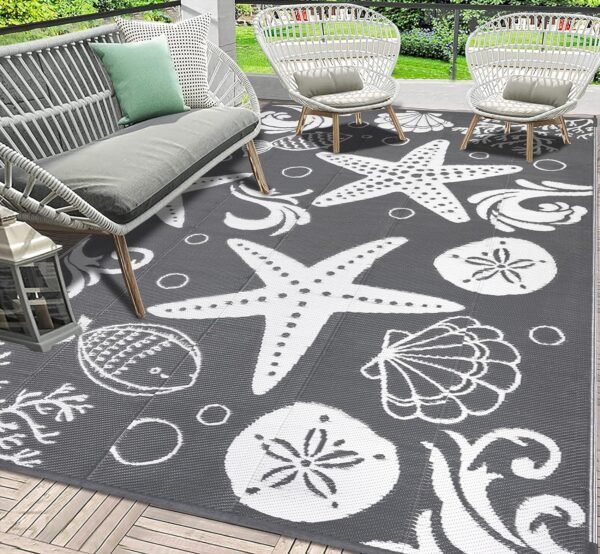 HEBE Outdoor Rug 6'x9' for Patios Clearance Waterproof Patio Mat Plastic Straw Rug, Reversible RV Camping Tent Rug Outside Area Rug for RV,Deck,Beach,Balcony,Camper,Grey