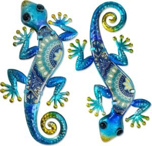 HONGLAND Metal Gecko Wall Art 2Pcs Outdoor Wall Decor Lizard Metal Hanging Wall Decoration Glass Sculpture for Garden Yard Patio Fence Home (Blue)