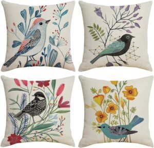 HOSTECCO Waterproof Throw Pillow Covers 4 Pack Outdoor Farmhouse Linen Cushion Covers Square Decorative Pillow Cases for Patio Garden, Bird 16x16 inches