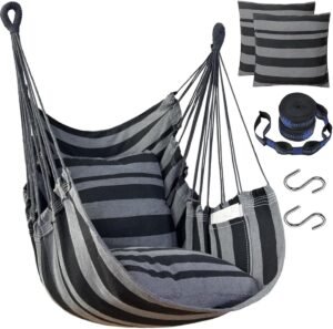 Hammock Chair Hanging Hammock Chair Rope Swing 2 Cushions Included-Sturdy & Durable Soft Cotton Hand Woven Hammock Swing for Bedroom, Porch, Patio-Indoor/Outdoor