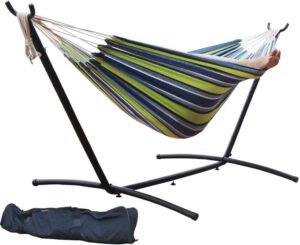 Hammock with Stand for Outside, Heavy Duty Space Saving Steel Stand with 450 lb Capacity,Double Hammock with Portable Carrying Bag, Hamacas para Adultos for Outdoors, Patio, Garden, Yard