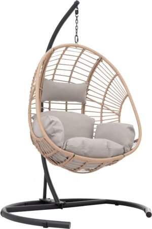 Hanging Egg Chair Outdoor Indoor Black PE Wicker Swings Hammock Egg Chairs with Antracite Cushion and Black Base Stand for Patio Bedroom Balcony Garden