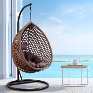 Hanging Egg Swing Chair with Stand, Rattan Wicker Hanging Egg Chair Hammock Indoor with Cushions, Swinging Chair for Bedroom Outdoor Patio Balcony Backyard Sunroom Heavy Duty 350LBS (Brown)