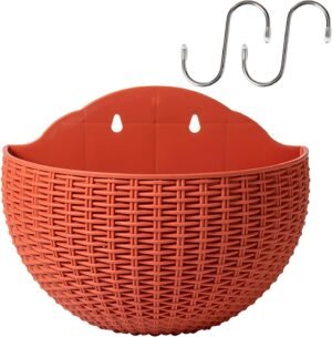 Hanging Planter Pot, Wall and Railing Hanging Planters with S Hooks, Half Round Imitation Rattan European Style Wall Flowerpot Rustic Decorative Flower Basket for Home Balcony(#21 * 16.5cm Brick red)