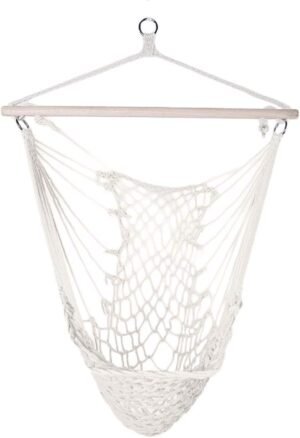 Hanging Rope Hammock Chair Swing Seat with Wood Bar for Indoor or Outdoor Patio, Yard, Porch, and Bedroom