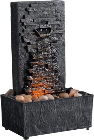 Haobos 9.5 Inches Tall Indoor Mini Waterfall Fountain Relaxation Zen Water Fountain Tabletop Fountains Meditation Desk Fountains with Reflective Lighting/Rocks Home/Office Decor Black