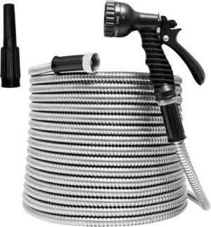 Heavy Duty Flexible Metal Garden Hose Stainless Steel Water Hose with 2 Free Nozzles Metal Hose Flexible Kink Free and Easy to Store Outdoor Hose (25FT)