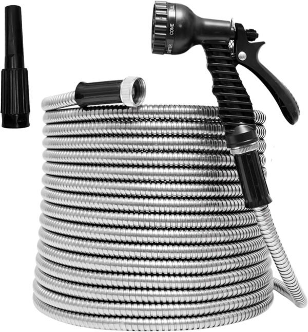 Heavy Duty Flexible Metal Garden Hose Stainless Steel Water Hose with 2 Free Nozzles Metal Hose Flexible Kink Free and Easy to Store Outdoor Hose (25FT)
