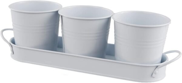 Herb Garden Planter Set – 3-Pcs Set Galvanized Metal Herb Planters for Indoors Plants with Tray – Indoor Plant Pots for Apartment Window, Balcony, Garden – Potting Pots for Herbs and Flowers