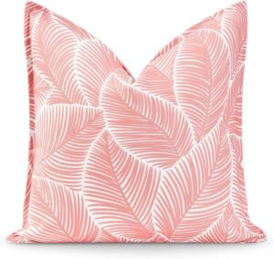 Hofdeco Premium Coastal Patio Indoor Outdoor Pillow Cover Only, 20"x20" Water Resistant for Backyard, Couch, Coral Pink Palm Leaf