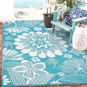 Ileading Outdoor Plastic Straw Rug 5x8ft Funny Floral Style Reversible Patio Area Rugs Waterproof Non Shedding Portable Carpets for Rv Outside Deck Pool Beach Picnic Camping (Teal)