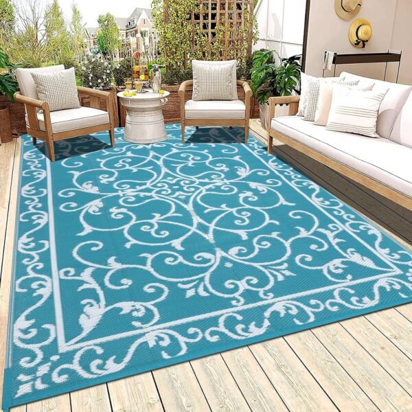 Ileading Outdoor Rug Carpet for Patio 5' x7' Waterproof Reversible Plastic Straw Rug Portable Outside Area Rug Camping Mat for Patio, Clearance, Balcony, Picnic, Pool, Beach, RV, Deck, Teal