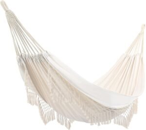 Indoor Hammock with Tassels Garden Boho Hammock 2 Person Durable Brazilian Swing with Carry Bag;Perfect for Beach,Yard,Bedroom,Patio,Porch,Outdoor,Wedding Decor(Off White)