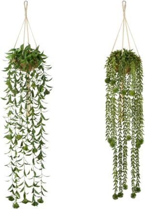 Indoor Hanging Plants, Fake Plants Wall, Artificial Hanging Plants with Fake Leaves, Hanging Greenery Decor for Kitchen, Living Room, Balcony, Home Decor(Set of 2) …