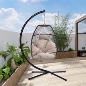 Indoor Outdoor Egg Hanging Chair with Stand, Patio Wicker Folding Hanging Egg Chair with Cushion Headrest, Rattan Swing Hammock Egg Chair for Bedroom Balcony, 380lbs Capacity (Beige Brown)