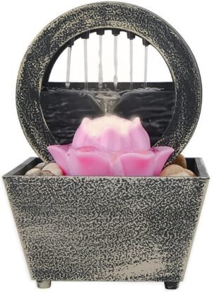 Indoor Small Tabletop Water Fountain, Feng Shui Zen Meditation Waterfall with Lotus Decor & Natural River Rocks, Home Office Bedroom Relaxation, Living Room or Bathroom Decor