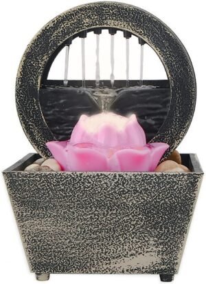 Indoor Small Tabletop Water Fountain, Zen Meditation Waterfall with Lotus Decor & Natural River Rocks, Living Room or Bathroom Decor, Great Gift as Home & Office Ornaments