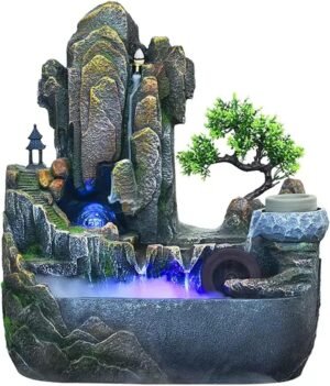 IndoorRelaxation ountain Waterfall Tabletop Water Fountain with Cascading Rock Waterfall and Rockery Stream Zen Meditation Indoor Waterfall Feature with Automatic Pump for Home Office Bedroom Desk D