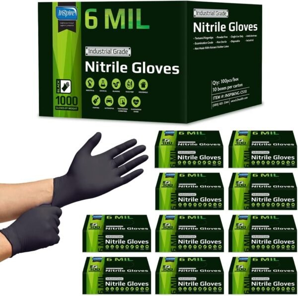 Inspire HEAVY DUTY 6Mil ORIGINAL Quality Stretch Nitrile Black Gloves Disposable Latex Free |Medical, Food, Mechanic Tattoo