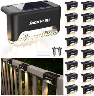 JACKYLED 16 Pack, Step Lights Waterproof LED Solar Power Outdoor Fence Light for Deck Stair Railing, Outside Lighting for Wall Garden Backyard Patio Balcony Decor