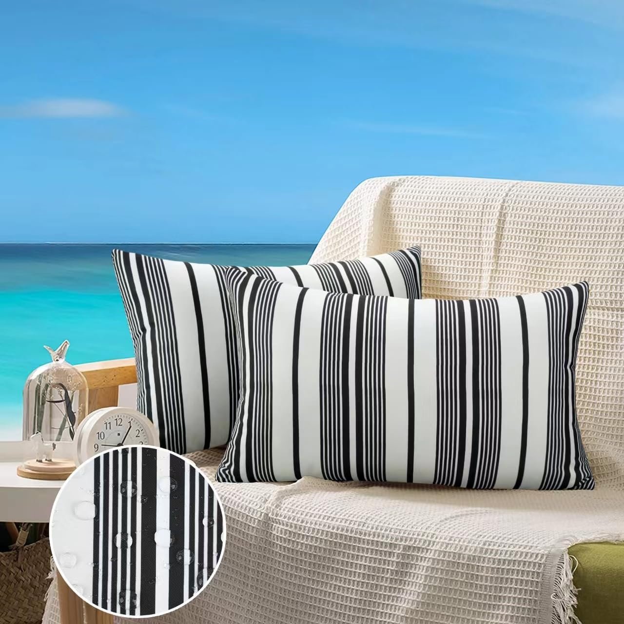 JASEN Black and White Striped Outdoor Pillow Cover, Outdoor Lumbar JASEN Black and White Striped Outdoor Pillow Cover, Outdoor Lumbar Pillow Covers 12x20 Waterproof Set of 2, Decorative Throw Pillow Cover for Outside Patio Furniture Garden (No Inserts)