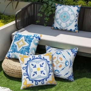 JASEN Outdoor Waterproof Pillow Covers, Blue Floral Outdoor Throw Pillow Cover Set of 4, Boho Double-Sided Decorative Outside Throw Pillows for Patio Furniture Porch Garden Couch Sunbrella