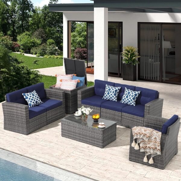 JOIVI 8-Piece Patio Furniture Sets, All Weather Outdoor Sectional Patio Sofa, U-Shaped Rattan Patio Seating Sofas with Cushion, Glass Table, and Storage Box, Blue