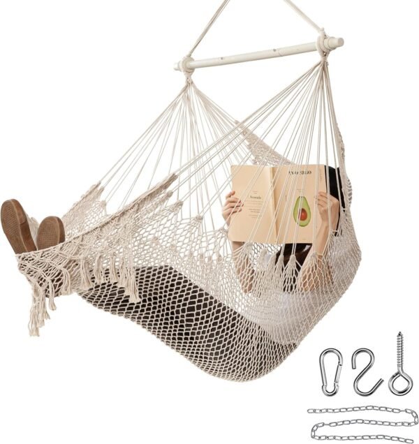 Jelofly Hammock Chair Large Hanging Soft-Spun Cotton Rope Weaving Chair Max 330Lbs Durable Comfortable Swing Chair for Bedroom,Indoor & Outdoor,Patio,Porch,Garden,Yard(Beige)