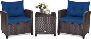 KOTEK 3 Piece Patio Furniture Set, Outdoor Conversation Set with Washable Cushions & Tempered Glass Tabletop, PE Rattan Wicker Bistro Set for Porch, Garden, Balcony (Navy Blue)