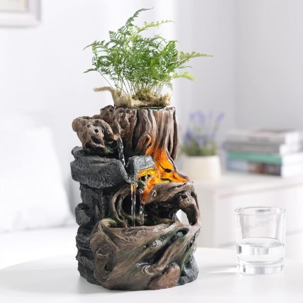 Kalona Tree Fountain 9.6" Indoor Waterfall Tabletop Fountain for Home Decor, Meditation, and Relaxation - Resin Stump with LED Lights and Soothing Sound - Perfect for Plants Décor