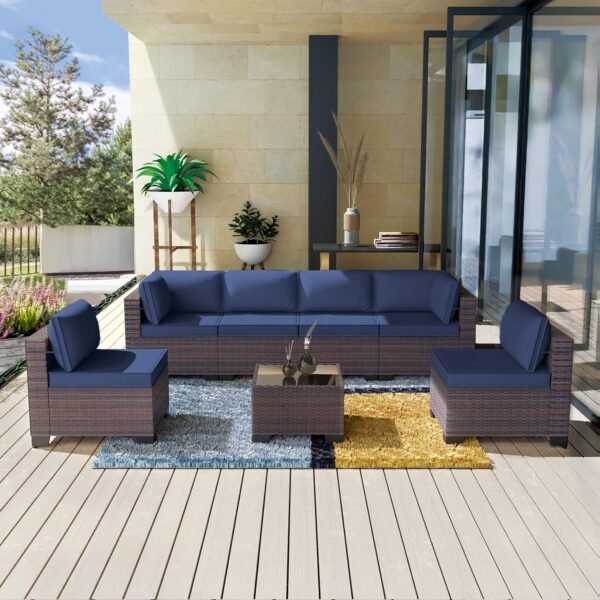 Kullavik 7 Pieces Outdoor Patio Furniture Set Sectional Rattan Sofa Brown Manual Wicker Patio Conversation Set with Navy Blue Cushions,1 Tempered Glass Tea Table and Cushions Covers