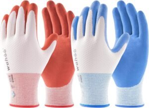 LANON wahoo Gardening Gloves for Women, 2 Pairs Latex Coated Garden Gloves with Grip, Breathable B.COMB AIR Technique, Azure Blue & Pureed Pumpkin, Medium