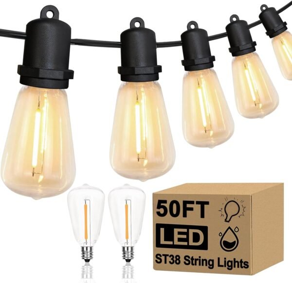 LED Outdoor String Lights 50FT Patio Lights with 27 Shatterproof ST38 Vintage Edison Bulbs(2 Spare), Outside Hanging Lights Waterproof for Porch, Deck, Garden, Backyard, Balcony, 2700K Dimmable