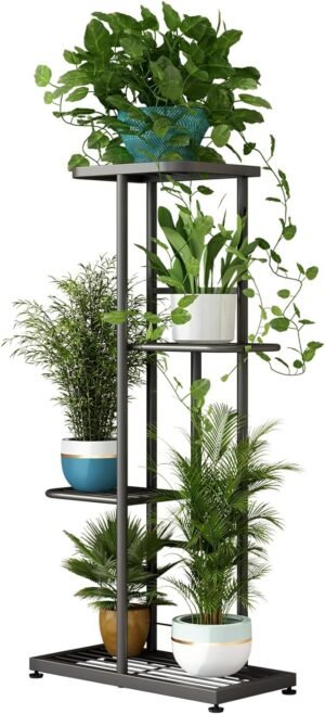 LINZINAR Plant Stand Metal 4 Tier 5 Potted Multiple Flower Pot Holder Shelf Indoor Outdoor Planter Display Shelving Unit for Patio Garden Corner Balcony Living Room (4 Tier 5 Potted, Dark Grey)