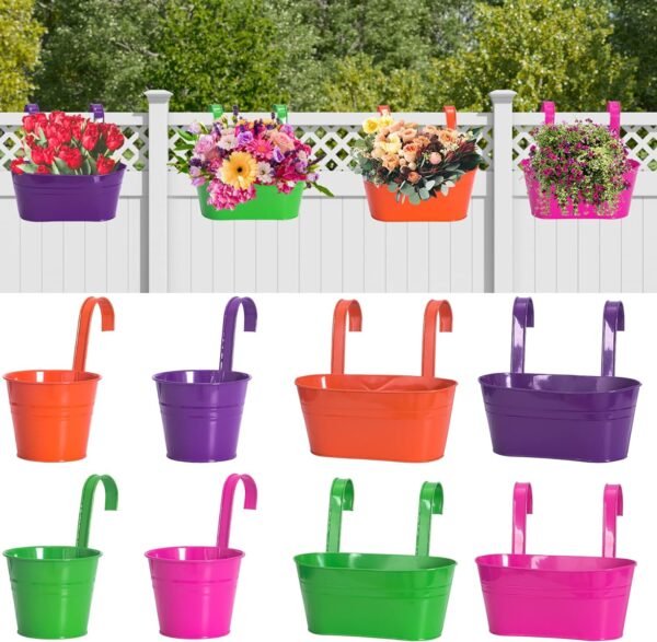 LOVOUS 8 Pack Metal Hanging Planters for Railing Balcony 10.6" & 5.1" Multicolor Hanging Flower Pot with Detachable Hooks for Deck Fence Metal Wall Planter Hanging Buckets for Herb Plants