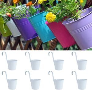 LOVOUS® 6.3" x 4.7" x 5.3" Large Iron Hanging Planters Flower Pots Balcony Garden Railing Planter, Fence Hanging Metal Bucket Plants Holders Set for Indoor and Outdoor, 8PCS White