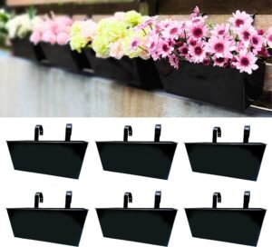 LaLaGreen Outdoor Rail Planter (6 Pack, 16 Inch) Large Black Metal Wall Hanging Strawberry Flower Pots, Rectangle Balcony Deck Railing Fence Rectangular Plant Holder Outside Patio Porch Decoration