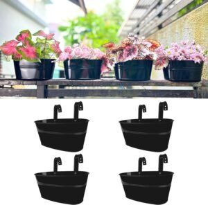 LaLaGreen Outdoor Rail Planter for Balcony (4 Pack, 9.8 Inch) Small and Cute Metal Black Metal Iron Fence Hanging Flower Pots Deck Railings Buckets Boho Style Window Box Plant Holder Hooks Porch Decor