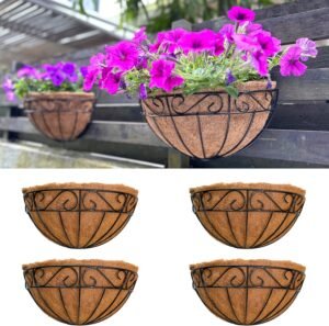 LaLaGreen Outdoor Wall Planters, 4 Pack, 14 Inch Large Balcony Planter Railings Hanging, Rail Flower Basket with Coco Liner English Horse Trough Black Metal Wire Succulent Pot Holder Deck Porch Garden