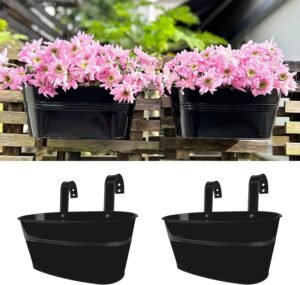 LaLaGreen Rail Planter Outdoor Plants (2 Pack, 11.8 Inch) Black Metal Iron Fence Hanging Flower Pots Deck Railings Buckets Countryside Boho Style Wall Mount Window Box Plant Holder Hooks Porch Decor