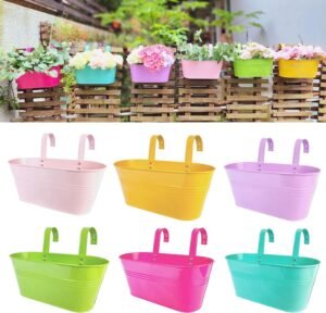 LaLaGreen Rail Planter Outdoor Plants (6 Pack, 11.2 Inch) Colorful Metal Iron Strawberry Hanging Flower Pots Deck Railing, Fence Wall Mount Bucket Modern Window Box Hooks Porch Garden Outside Decor