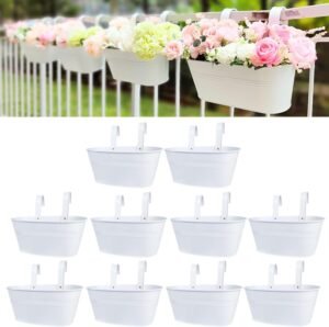 LaLaGreen Rail Planters for Outdoor (10 Pack, 11.2 Inch) White Metal Iron Strawberry Planter Hanging Flower Pots, Deck Railing Fence Bucket Wall Mount Window Box Plant Holder with Hooks Porch Decor