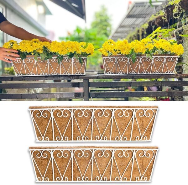 LaLaGreen Wall Hanging Planter - 2 Pack, 24 Inch Deck Railing Planter, Window Flower Boxes Basket Outdoor White Deck Railing Hanging Pot Coco Liner Metal Plant Holder Fence Planter Balcony Patio Porch