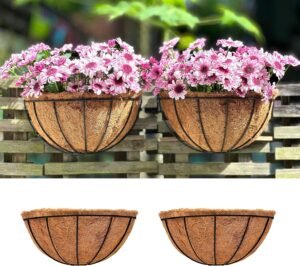 LaLaGreen Wall Hanging Planters, 2 Pack, 12 Inch Wall Mounted Flower Baskets with Coco Liner, Metal Iron Wire Plant Holder for Outdoor Window Box Herb Outside Fence Railing Deck Porch Balcony Garden