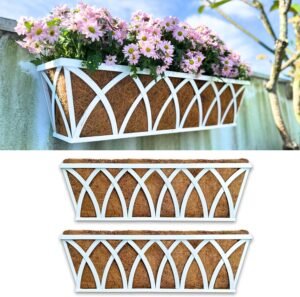 LaLaGreen Wall Planter - 2 Pack, 24 Inch White Metal Rectangular Hanging Flower Box Window Boxes Planters with Coco Liner Attach House Outdoor, Farmhouse Plant Holder Deck Railing Patio Balcony Fence