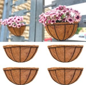 LaLaGreen Wall Planter Outdoor, 4 Pack, 14 Inch Large Wall Hanging Flower Basket with Coco Liner, Vertical Living Wall Mounted Wire Pot Outside Fence Railing Plant Pots Holder Deck Porch Balcony Patio