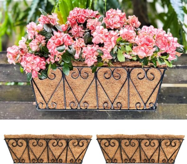 LaLaGreen Wall Planters (2 Pack, 16 Inch) Window Flower Boxes Outdoor, Deck Railing Hanging Metal Wire Basket Black with Coco Liners Horse Troughs Fence Balcony Garden Farmhouse Patio Porch Over Rail