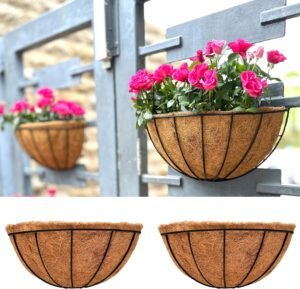 LaLaGreen Wall Planters for Outdoor Plants (2 Pack, 14 Inch) Large Hanging Planter with Coco Liner, Metal Round Wire Flower Basket Outside Fence Railing Plant Pots Holder Deck Porch Balcony Decor